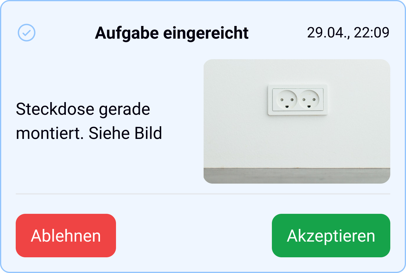 Abnahme-Dialog mit Foto und Status